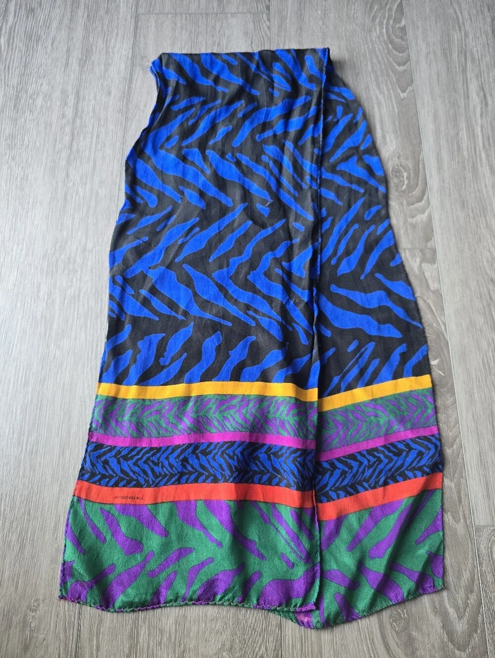 Liz Claiborne Vintage Scarf Blue Black Zebra Rainbow Stripe Oblong 80s Colorful